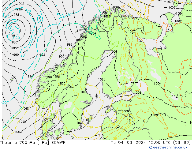 Theta-e 700hPa ECMWF Tu 04.06.2024 18 UTC