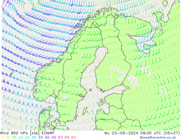 wiatr 850 hPa ECMWF pon. 03.06.2024 09 UTC