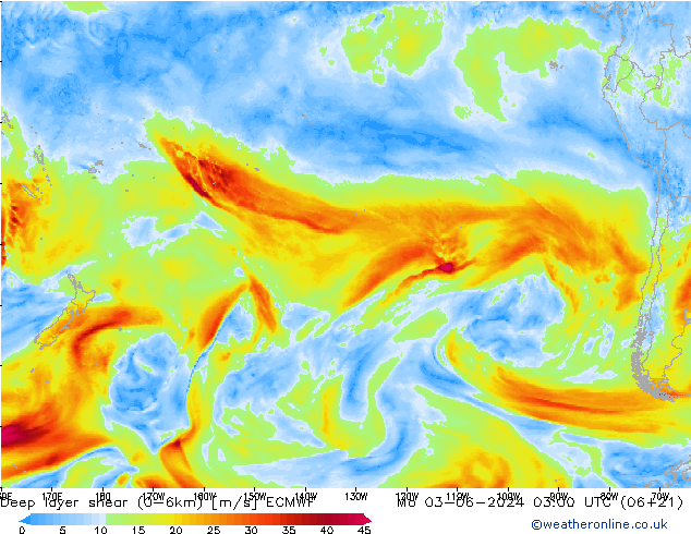 Deep layer shear (0-6km) ECMWF Mo 03.06.2024 03 UTC