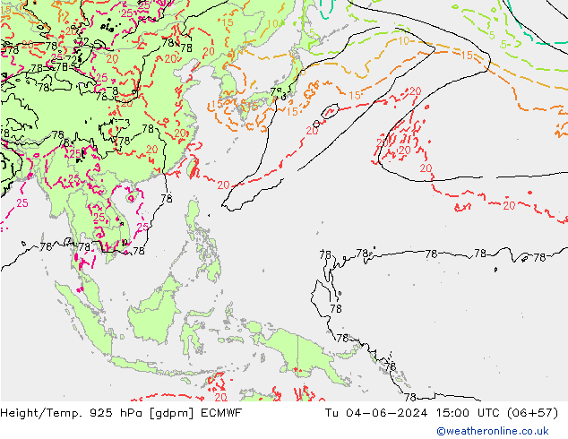 Height/Temp. 925 hPa ECMWF Di 04.06.2024 15 UTC