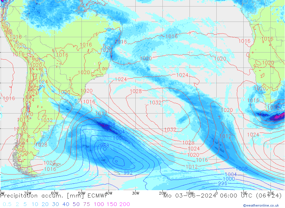 Precipitation accum. ECMWF пн 03.06.2024 06 UTC