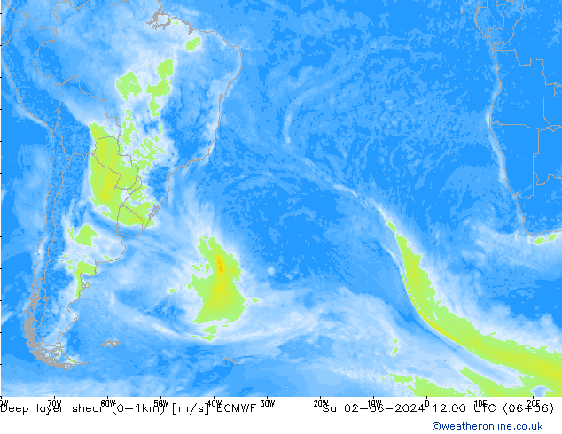 Deep layer shear (0-1km) ECMWF So 02.06.2024 12 UTC