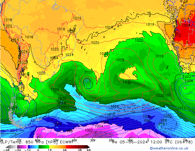 SLP/Temp. 850 гПа ECMWF ср 05.06.2024 12 UTC