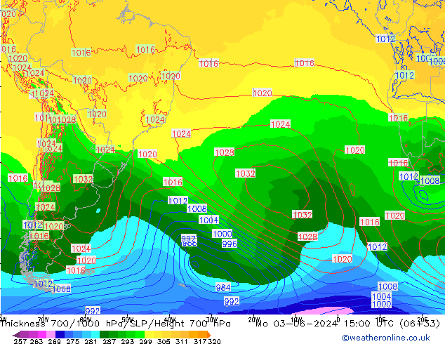 Thck 700-1000 hPa ECMWF lun 03.06.2024 15 UTC