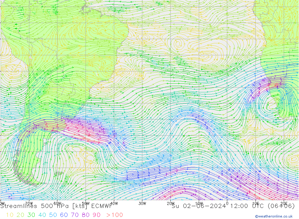 Línea de corriente 500 hPa ECMWF dom 02.06.2024 12 UTC