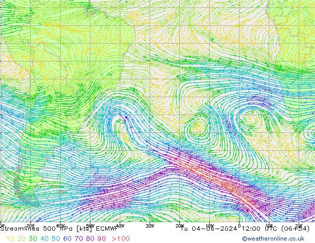 Línea de corriente 500 hPa ECMWF mar 04.06.2024 12 UTC