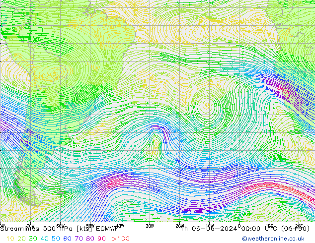 Linha de corrente 500 hPa ECMWF Qui 06.06.2024 00 UTC