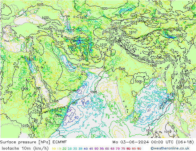 Isotachs (kph) ECMWF Mo 03.06.2024 00 UTC