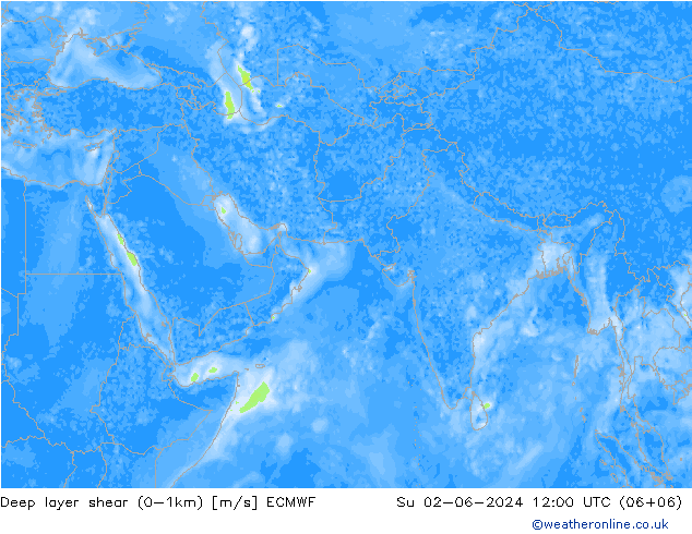 Deep layer shear (0-1km) ECMWF zo 02.06.2024 12 UTC