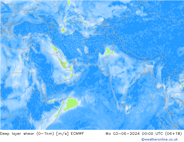Deep layer shear (0-1km) ECMWF Mo 03.06.2024 00 UTC