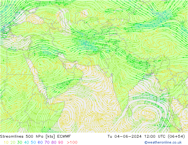 Linea di flusso 500 hPa ECMWF mar 04.06.2024 12 UTC