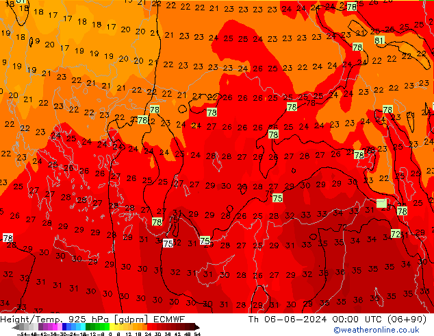 Height/Temp. 925 hPa ECMWF Čt 06.06.2024 00 UTC