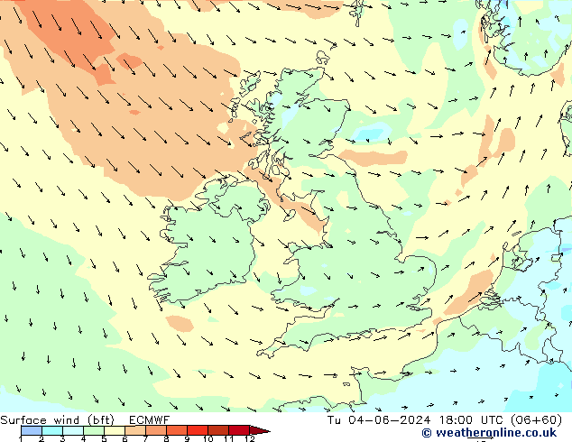 Surface wind (bft) ECMWF Út 04.06.2024 18 UTC