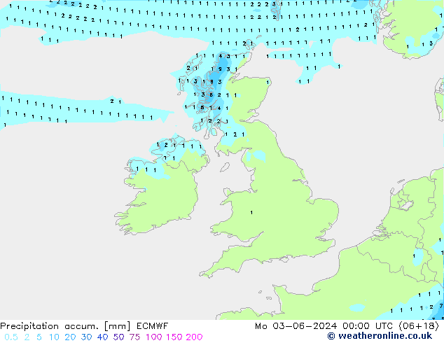 Precipitation accum. ECMWF Seg 03.06.2024 00 UTC