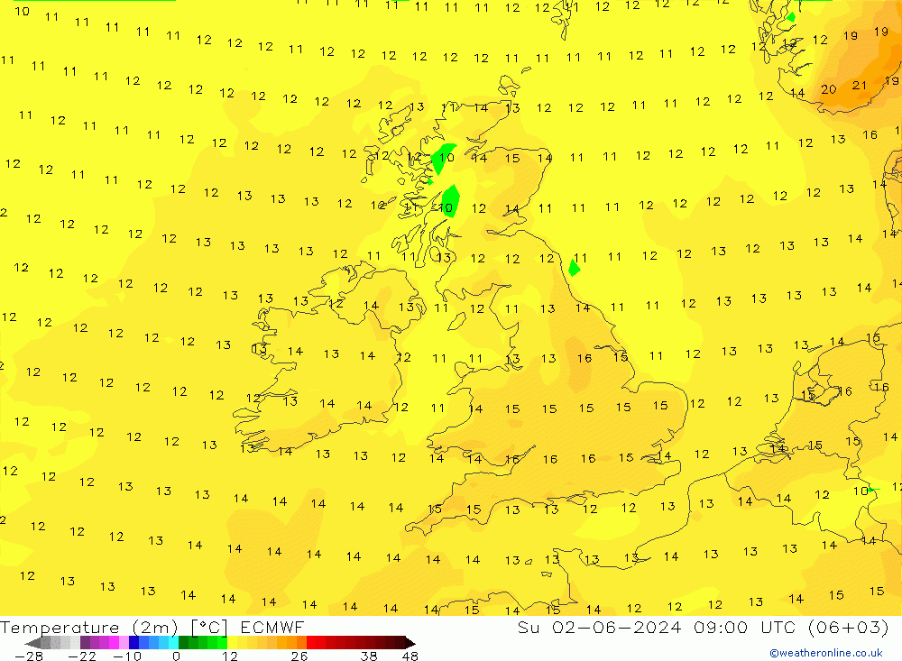 Temperature (2m) ECMWF Su 02.06.2024 09 UTC