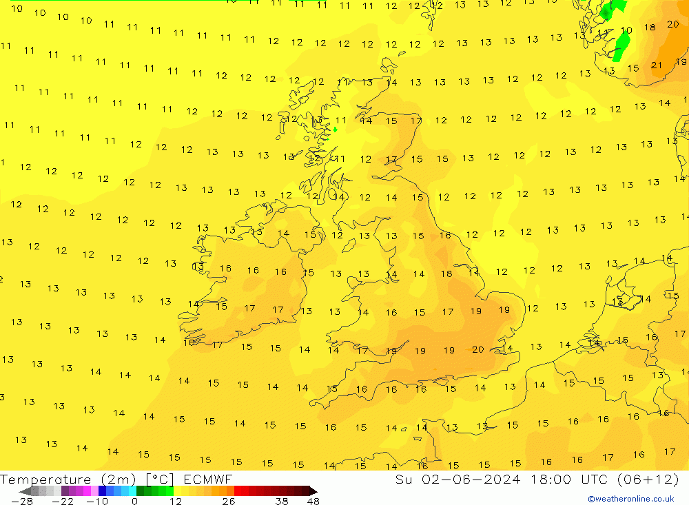 Temperatuurkaart (2m) ECMWF zo 02.06.2024 18 UTC