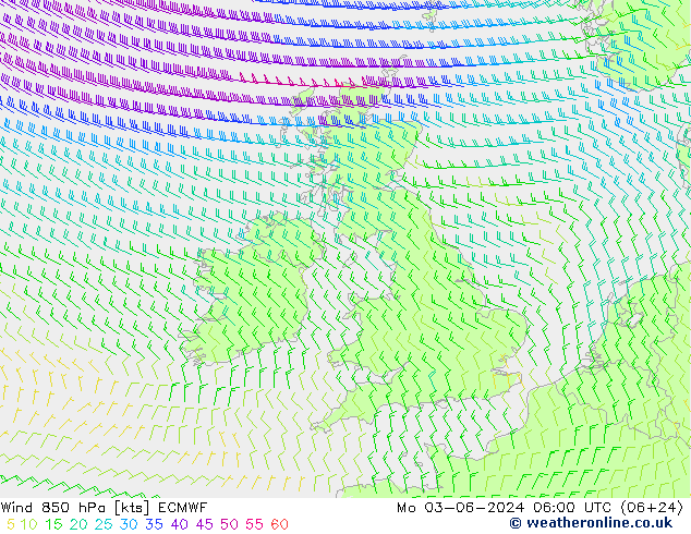 Vento 850 hPa ECMWF lun 03.06.2024 06 UTC