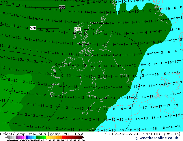 Z500/Rain (+SLP)/Z850 ECMWF Dom 02.06.2024 12 UTC