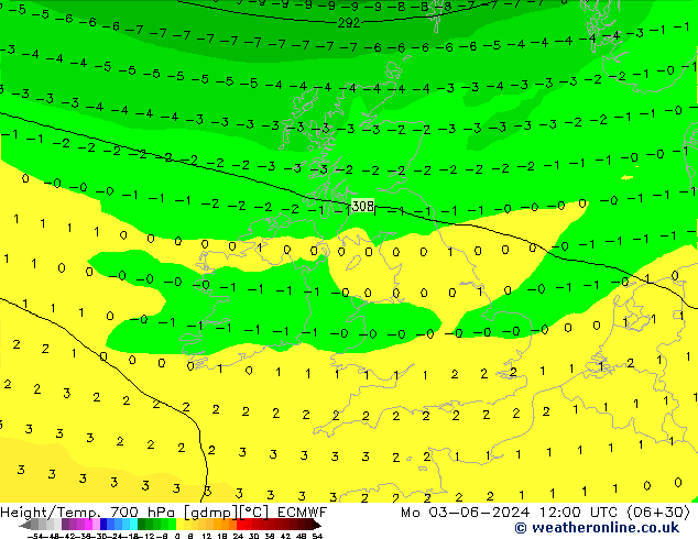 Height/Temp. 700 hPa ECMWF  03.06.2024 12 UTC