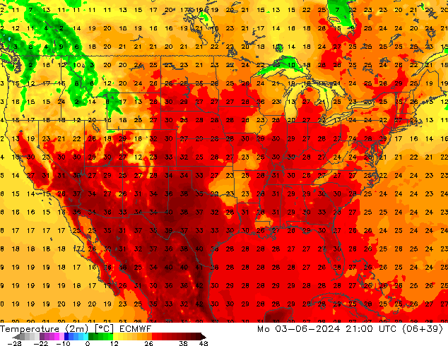 Sıcaklık Haritası (2m) ECMWF Pzt 03.06.2024 21 UTC