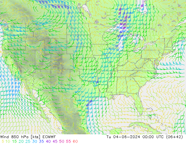 Vento 850 hPa ECMWF Ter 04.06.2024 00 UTC