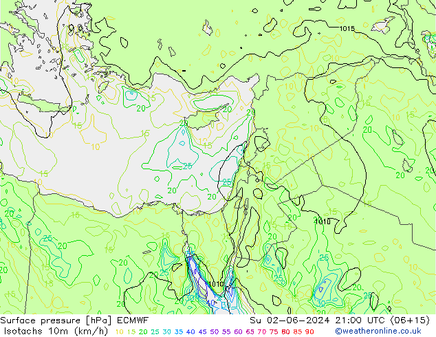 Isotachen (km/h) ECMWF zo 02.06.2024 21 UTC