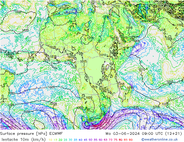 Isotachen (km/h) ECMWF ma 03.06.2024 09 UTC