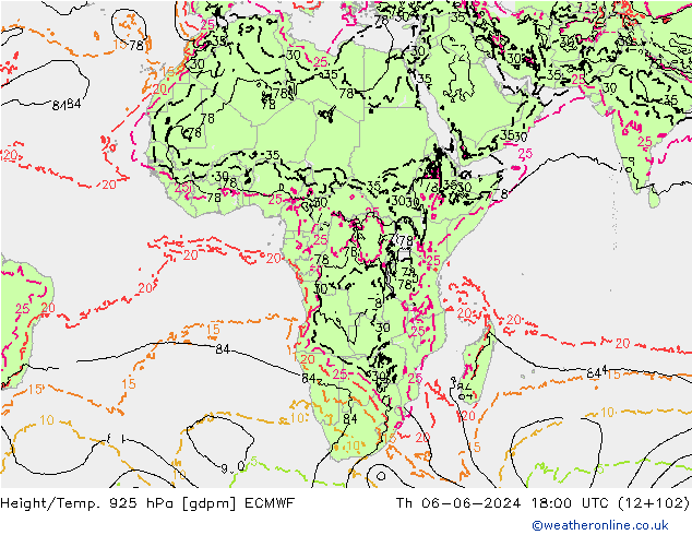 Geop./Temp. 925 hPa ECMWF jue 06.06.2024 18 UTC