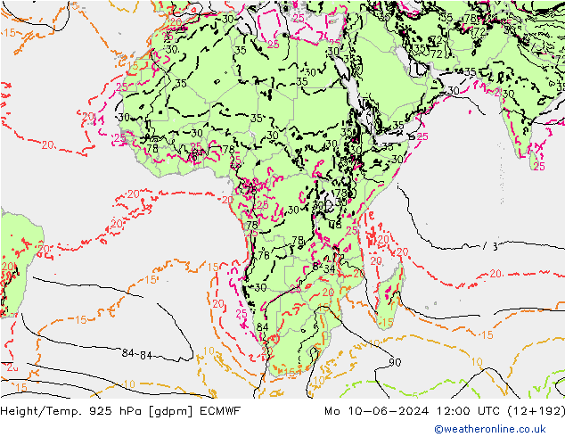 Height/Temp. 925 hPa ECMWF pon. 10.06.2024 12 UTC