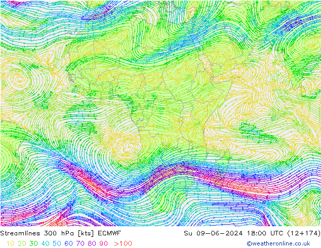 Línea de corriente 300 hPa ECMWF dom 09.06.2024 18 UTC