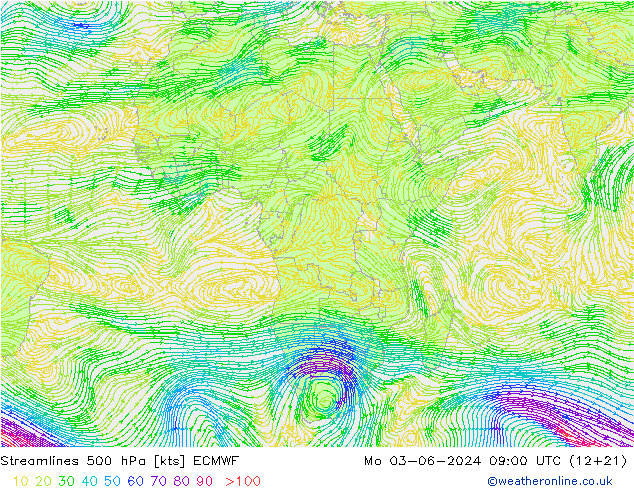 Stroomlijn 500 hPa ECMWF ma 03.06.2024 09 UTC