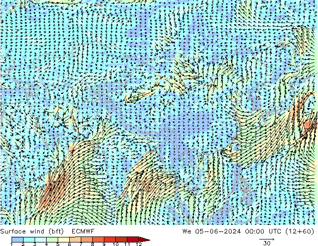 Vento 10 m (bft) ECMWF Qua 05.06.2024 00 UTC