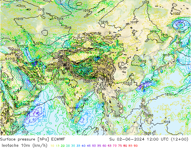 Isotachs (kph) ECMWF  02.06.2024 12 UTC