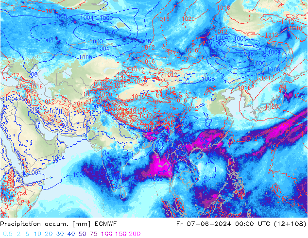 Precipitation accum. ECMWF Pá 07.06.2024 00 UTC