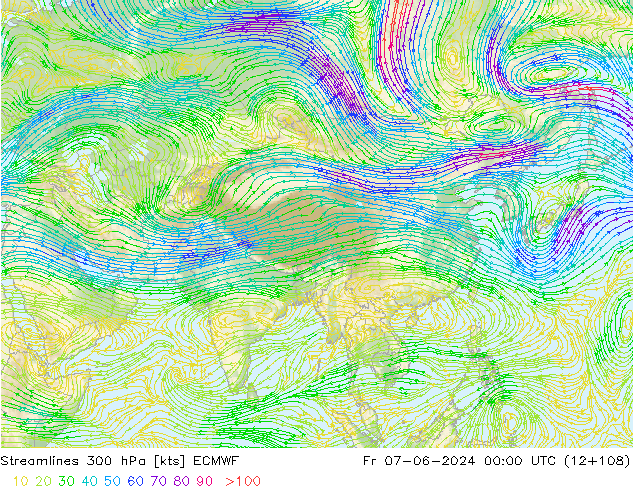Linia prądu 300 hPa ECMWF pt. 07.06.2024 00 UTC