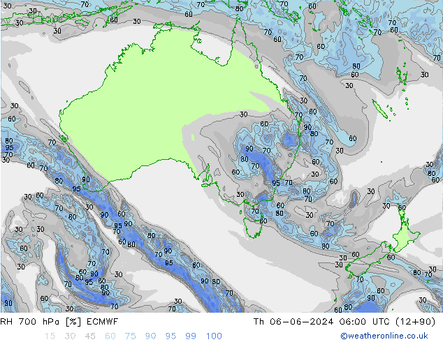 RH 700 гПа ECMWF чт 06.06.2024 06 UTC