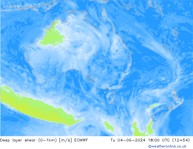 Deep layer shear (0-1km) ECMWF Tu 04.06.2024 18 UTC