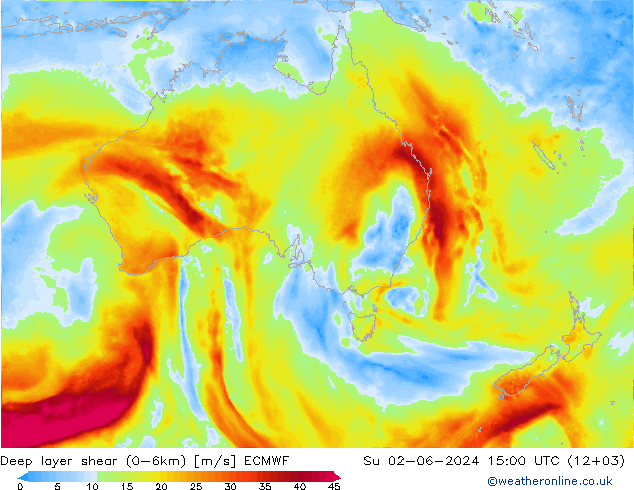 Deep layer shear (0-6km) ECMWF zo 02.06.2024 15 UTC