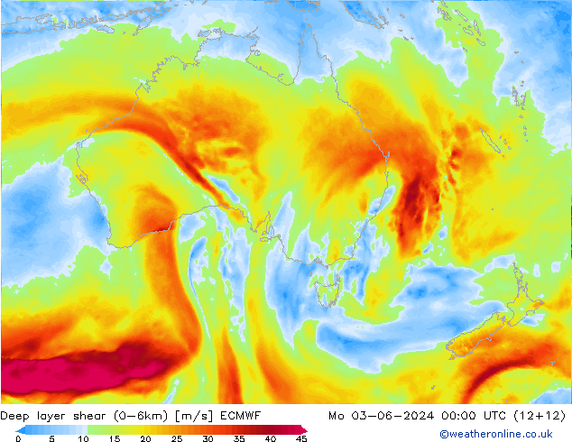 Deep layer shear (0-6km) ECMWF Seg 03.06.2024 00 UTC