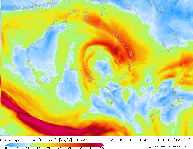 Deep layer shear (0-6km) ECMWF Qua 05.06.2024 00 UTC