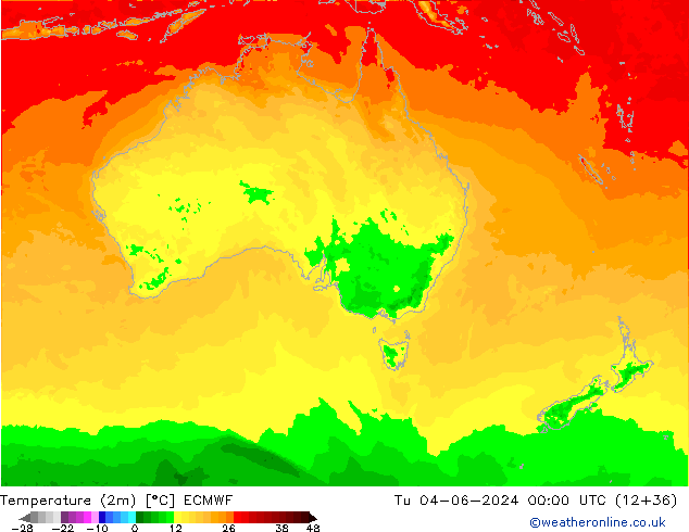 mapa temperatury (2m) ECMWF wto. 04.06.2024 00 UTC