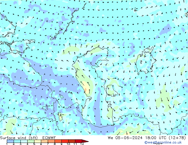 Vento 10 m (bft) ECMWF mer 05.06.2024 18 UTC