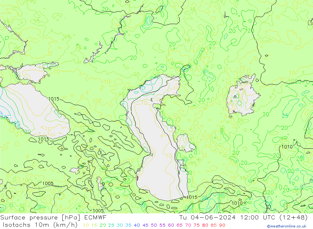 Isotachs (kph) ECMWF  04.06.2024 12 UTC