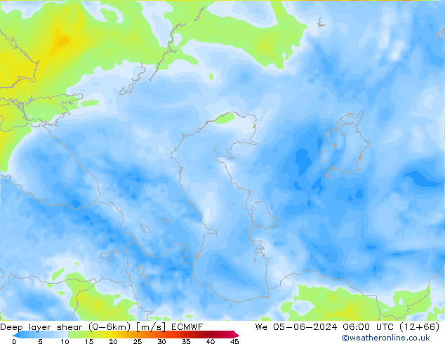 Deep layer shear (0-6km) ECMWF wo 05.06.2024 06 UTC
