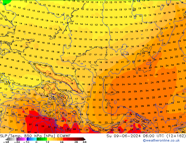 SLP/Temp. 850 гПа ECMWF Вс 09.06.2024 06 UTC