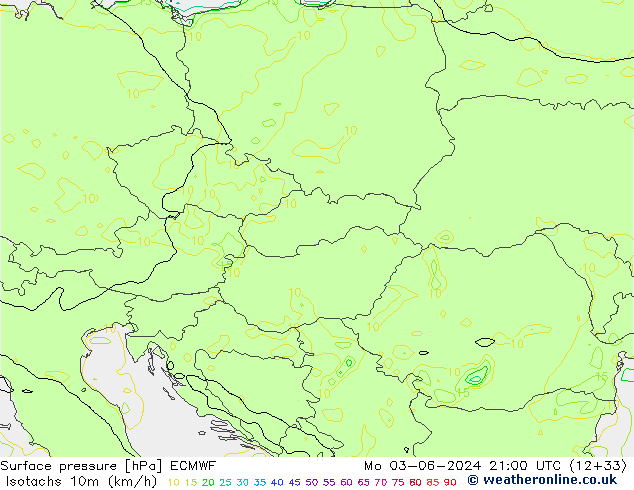 Izotacha (km/godz) ECMWF pon. 03.06.2024 21 UTC