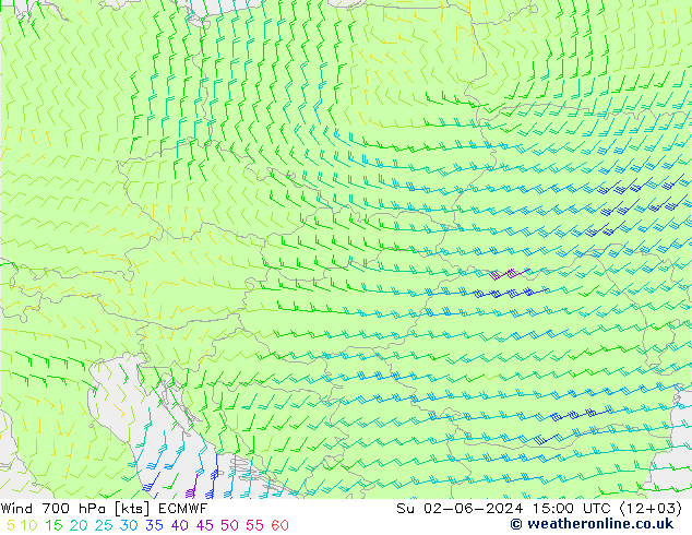 wiatr 700 hPa ECMWF nie. 02.06.2024 15 UTC