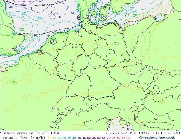 Izotacha (km/godz) ECMWF pt. 07.06.2024 18 UTC