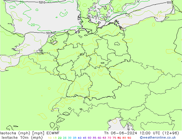 Isotachs (mph) ECMWF Čt 06.06.2024 12 UTC