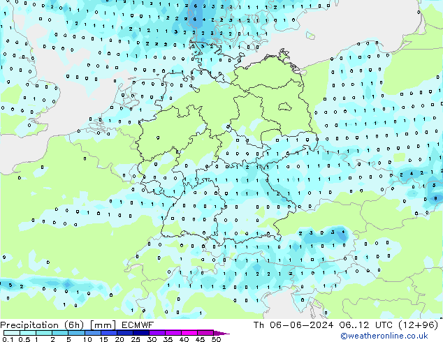 Precipitation (6h) ECMWF Čt 06.06.2024 12 UTC